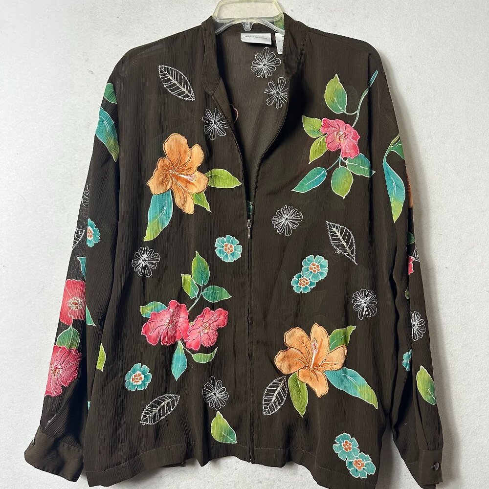 Alfred Dunner jacket sz 16 full zip floral embroidery sheer chocolate brown pkts